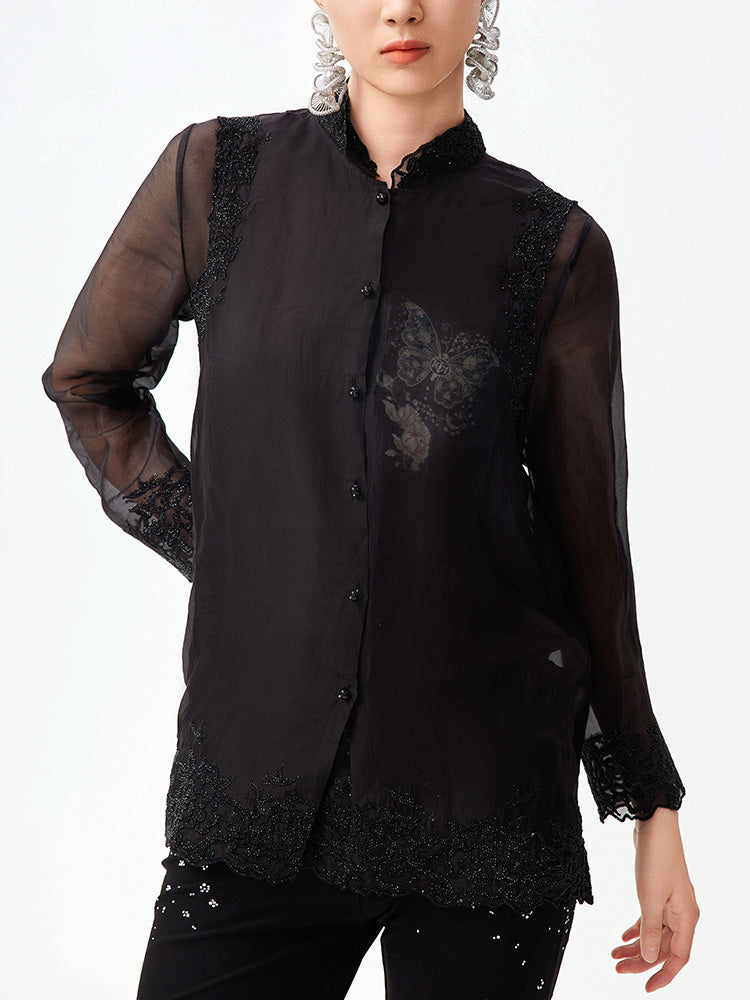 TCH Silk Butterfly Rhinestone Button Lace Vest