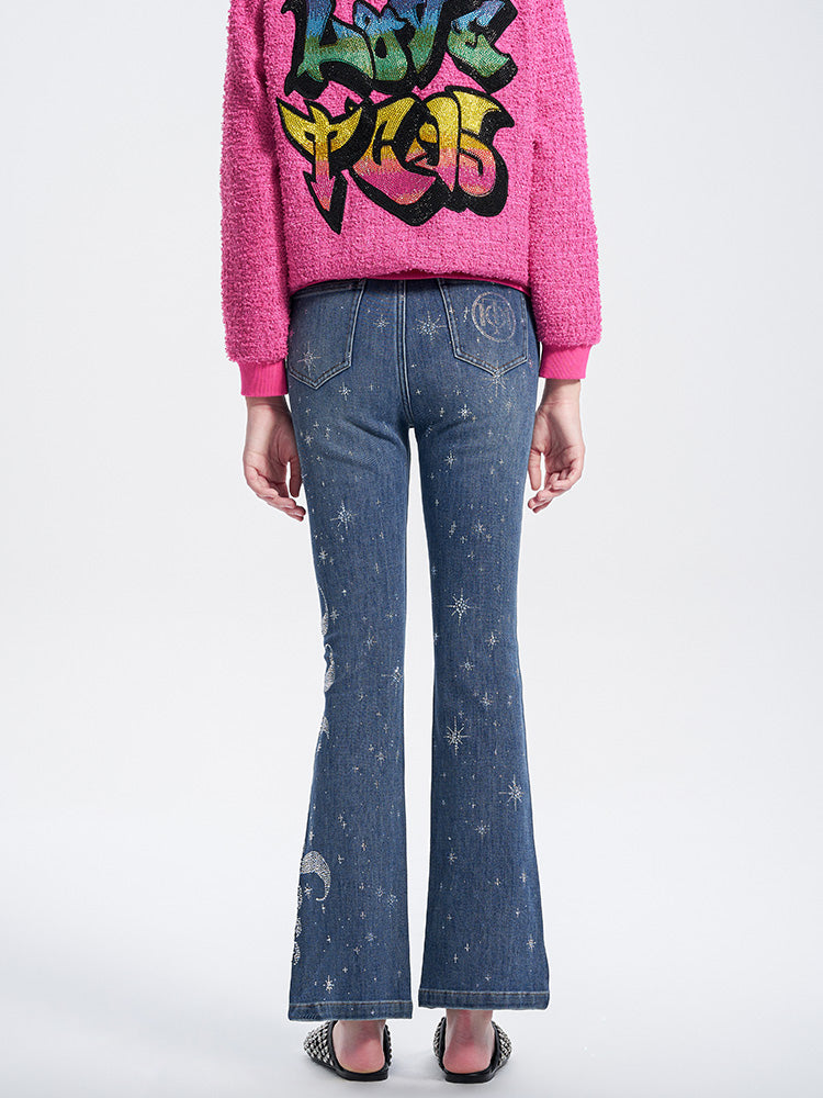 TCH Rhinestone Graphic High-Waisted Flared Jeans