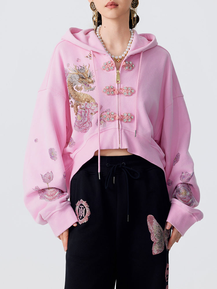 TCH Luxury Dragon Rhinestone Sparkle Sweatshirt with Floral Sleeve