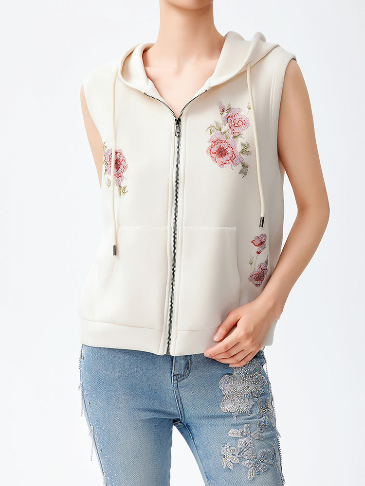 TCH Rhinestone Floral Graphic Print Zipper Vest