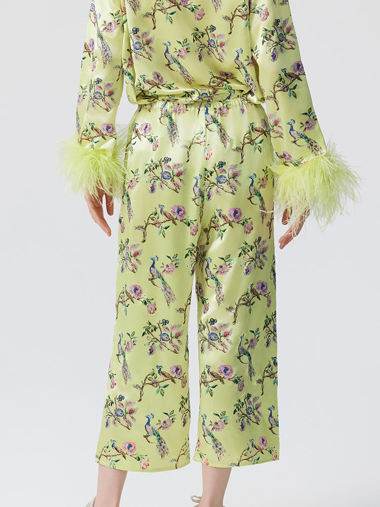 TCH 2 Piece Rhinestone Floral Feather Trim Top and Pants