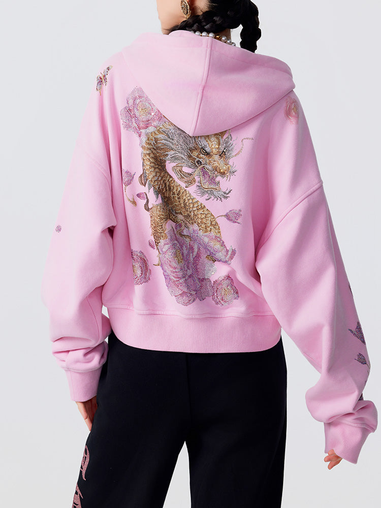 TCH Luxury Dragon Rhinestone Sparkle Sweatshirt with Floral Sleeve