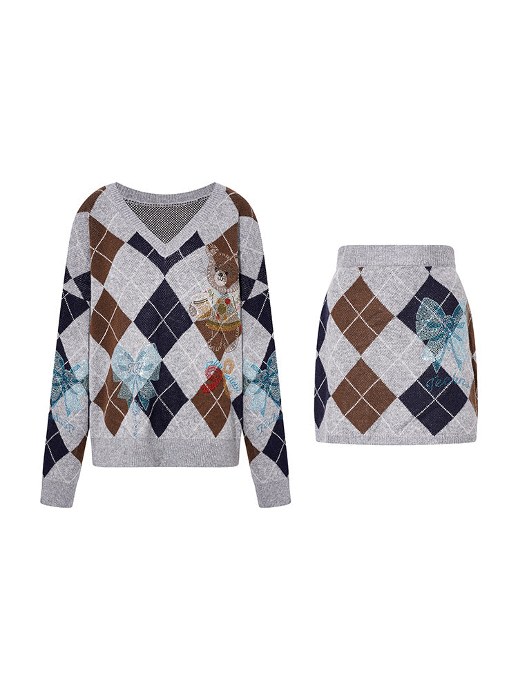 TCH Rhinestone Bear Graphic Knit Sweater & Skirt Set
