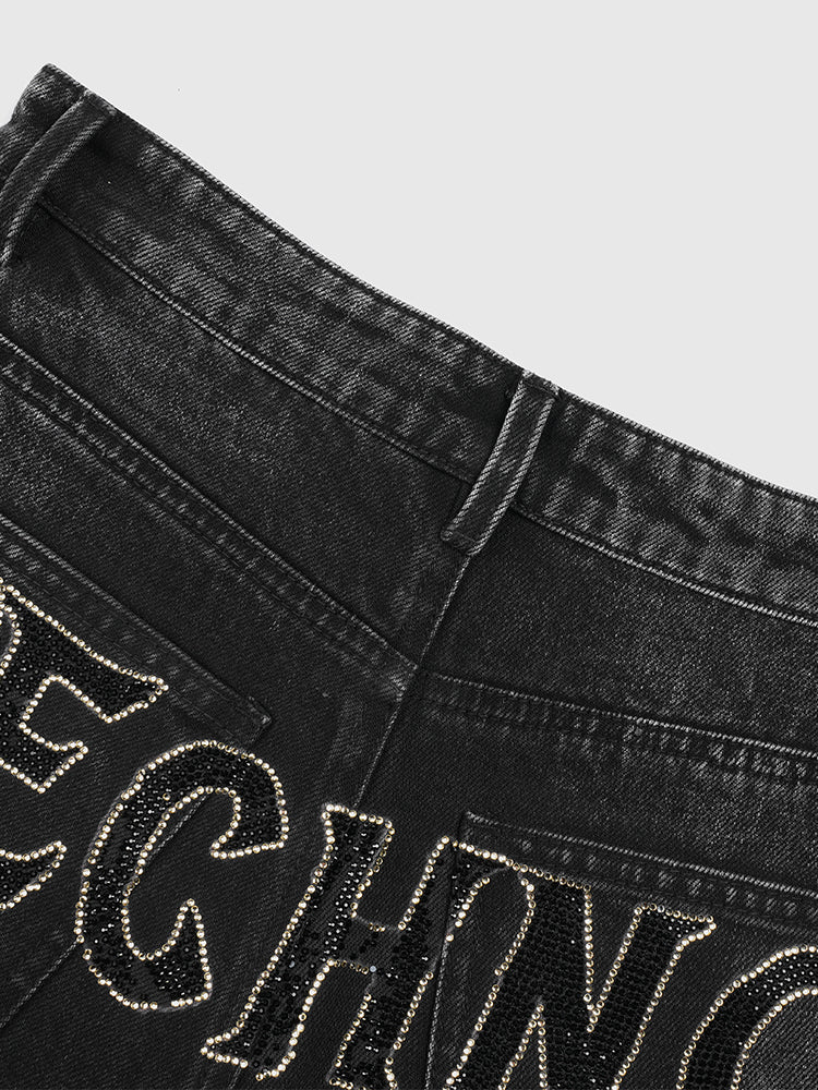 TCH Rhinestone Wings Design Denim Mini Shorts