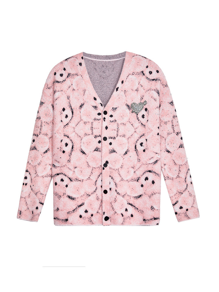TCH Rhinestone Abstract Bear Fluffy Knit Cardigan