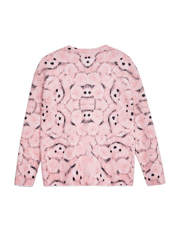TCH Rhinestone Abstract Bear Fluffy Knit Cardigan