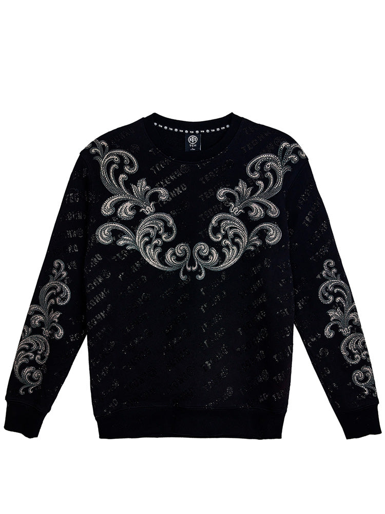 TCH Baroque Rhinestone Logo Print Sweatshirts Black