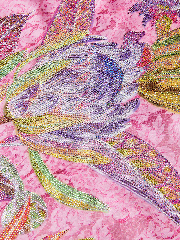 TCH Rhinestone Jacquard Floral Feather Trim Mini Dress