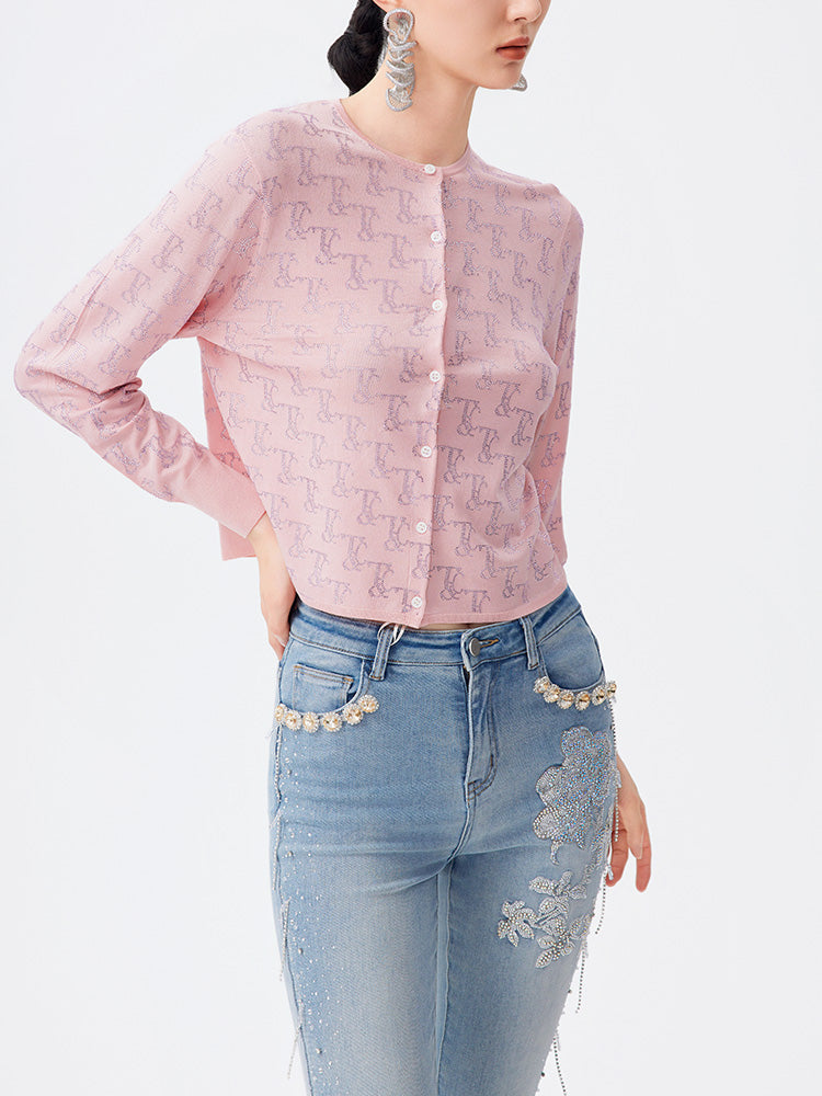 TCH Allover Rhinestone Button Sparkle Knit Top