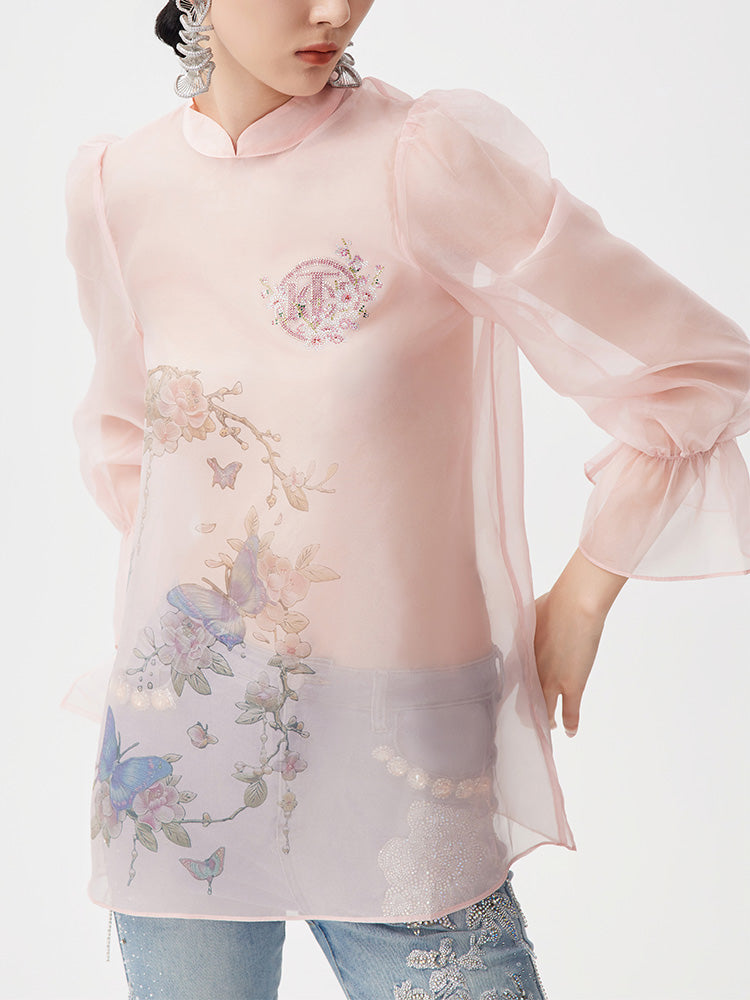 TCH Floral Sheer Rhinestone Lantern Sleeve Blouse