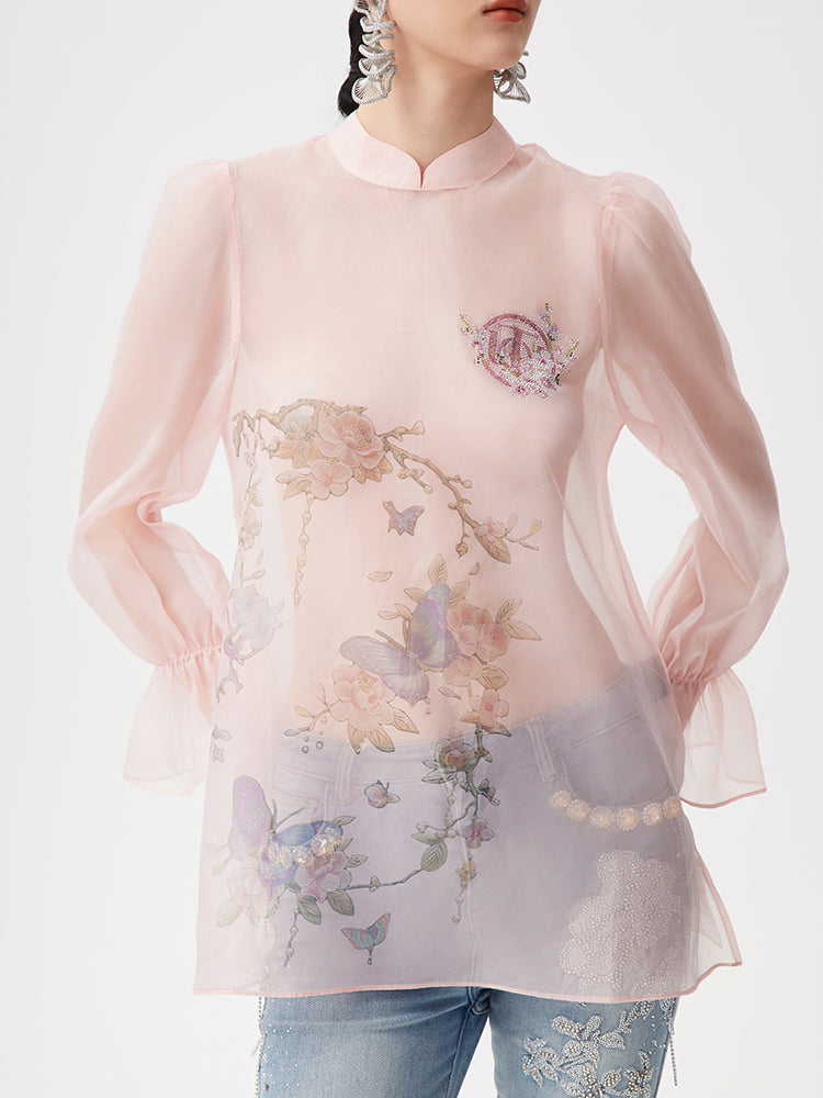 TCH Floral Sheer Rhinestone Lantern Sleeve Blouse