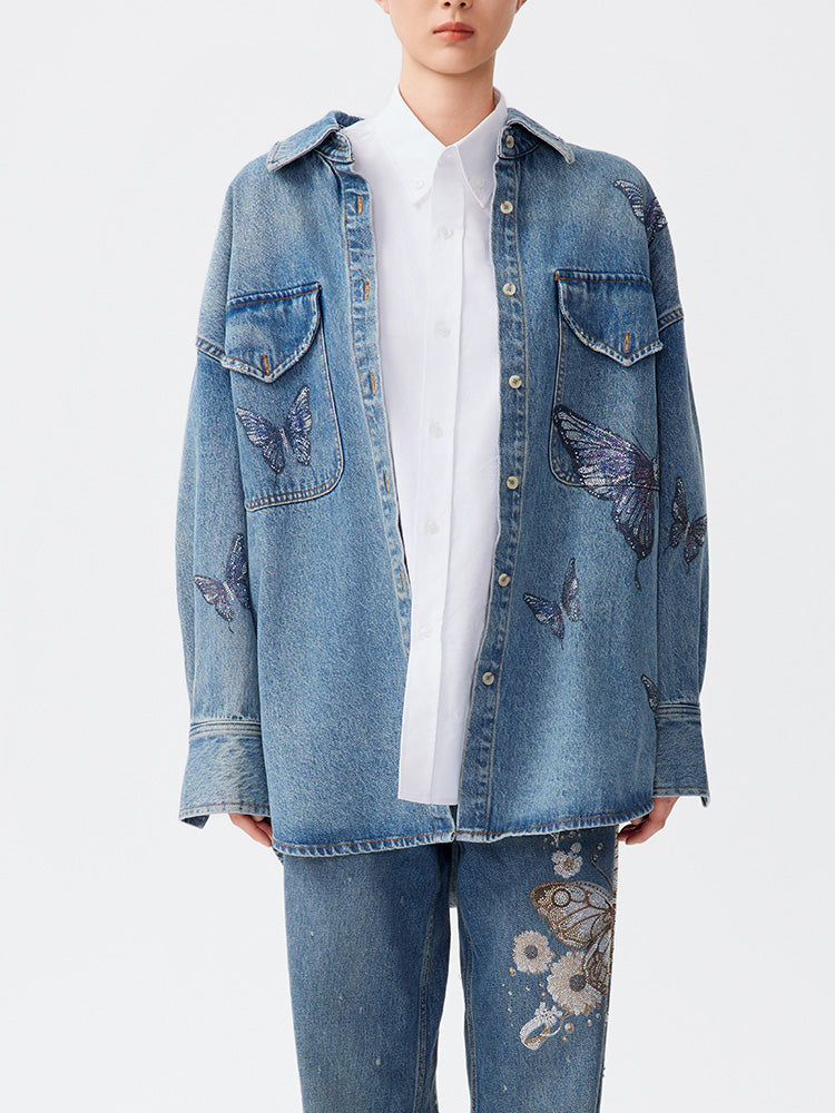 TCH Butterfly Rhinestone Denim Blouse Shirt