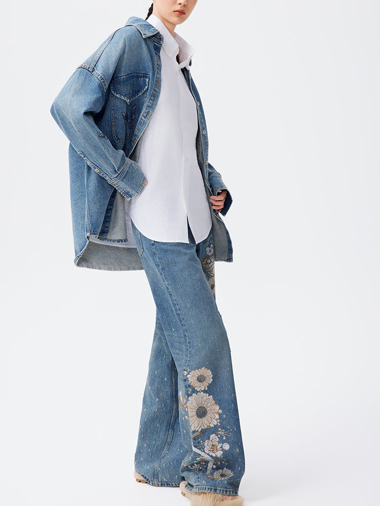 TCH Butterfly Rhinestone Denim Blouse Shirt