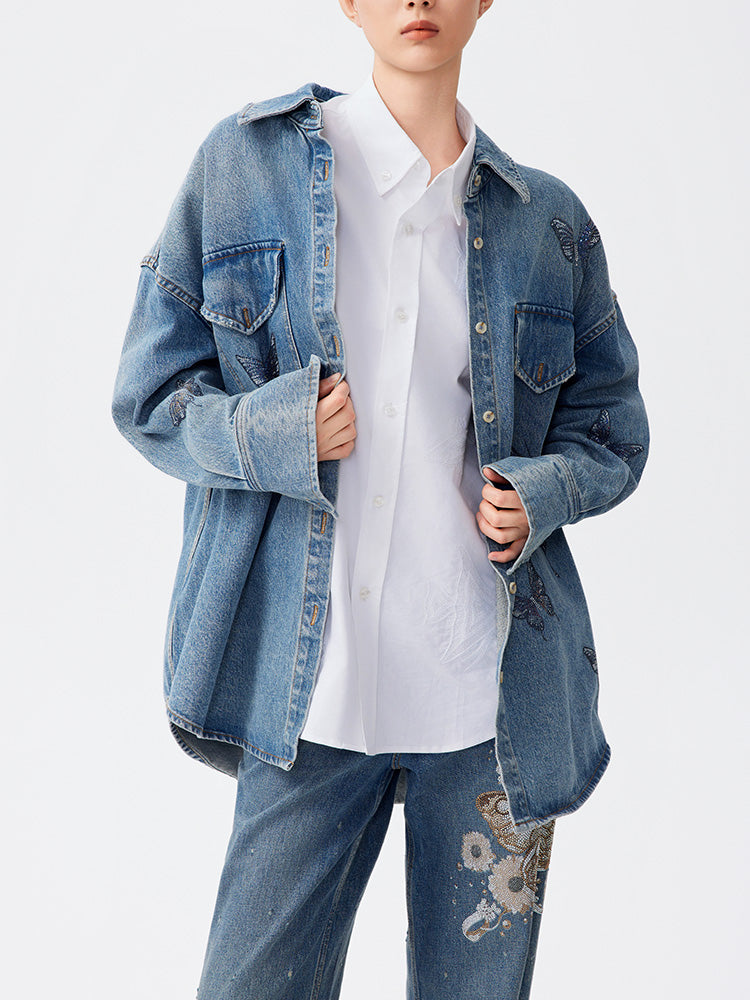 TCH Butterfly Rhinestone Denim Blouse Shirt