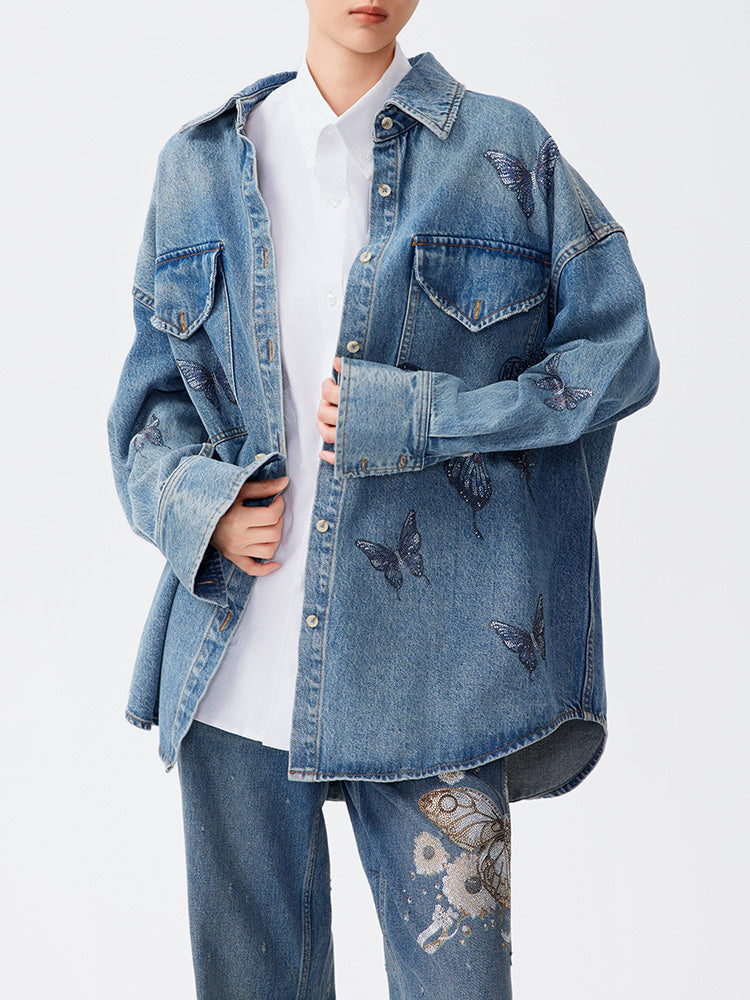 TCH Butterfly Rhinestone Denim Blouse Shirt