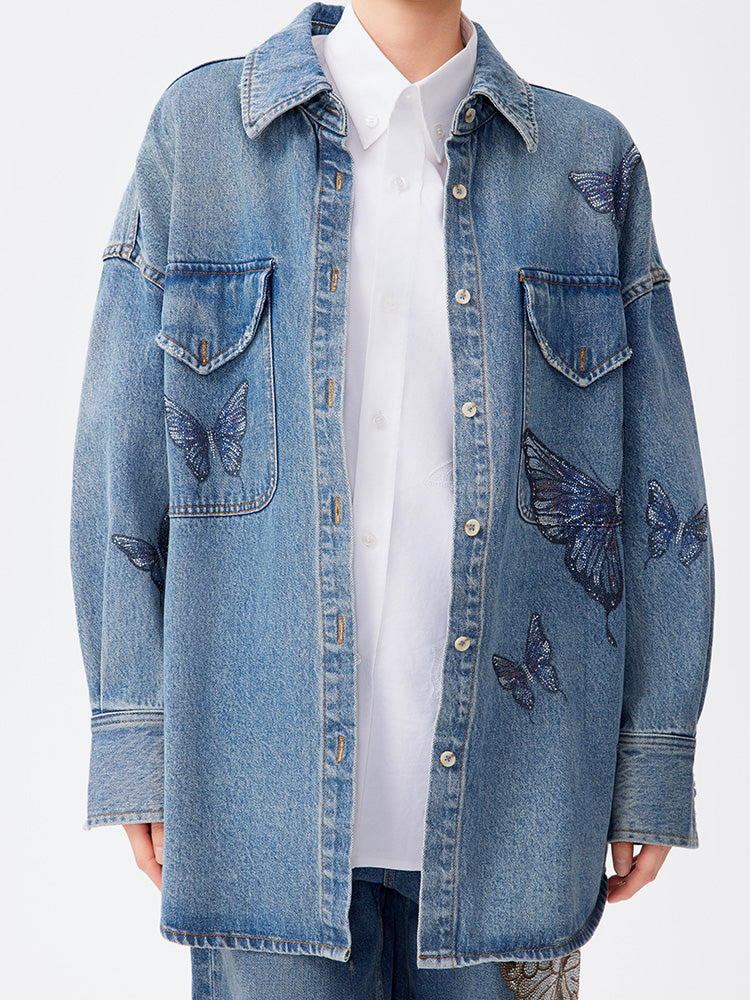TCH Butterfly Rhinestone Denim Blouse Shirt
