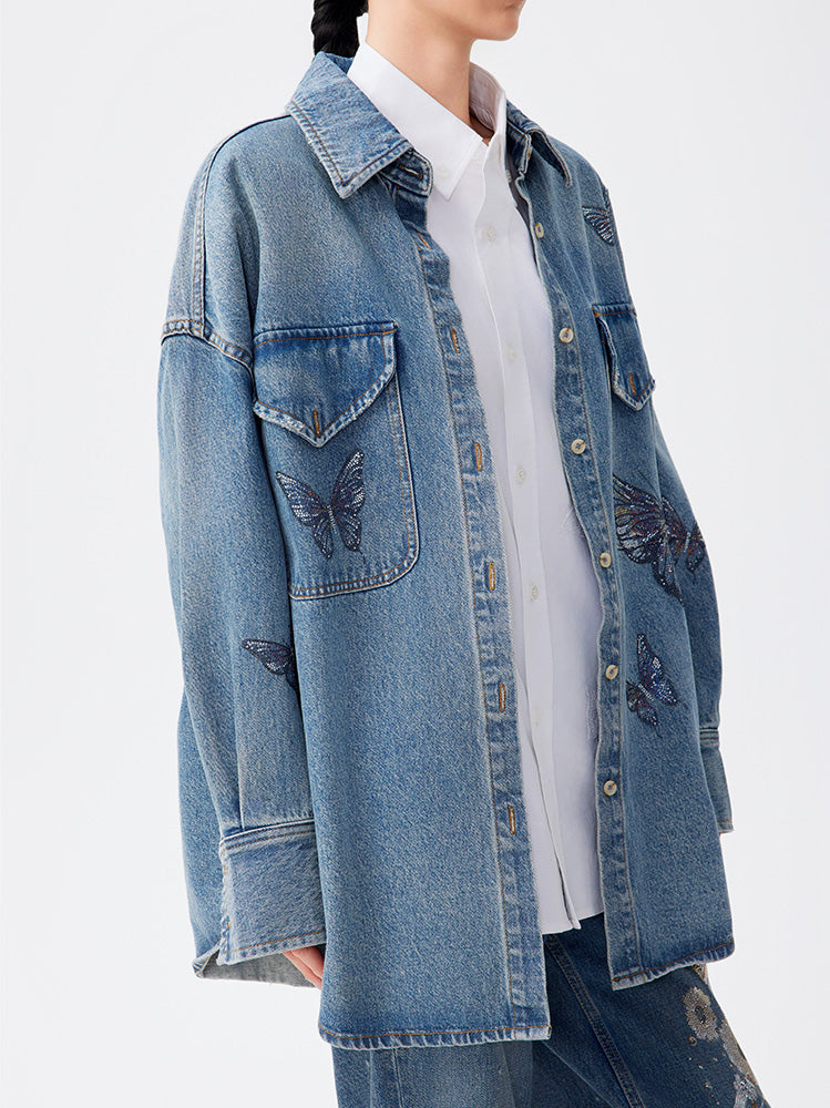 TCH Butterfly Rhinestone Denim Blouse Shirt