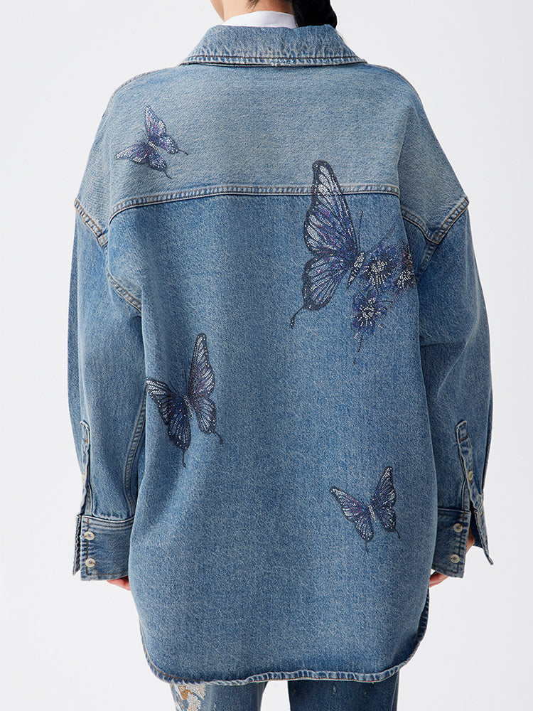 TCH Butterfly Rhinestone Denim Blouse Shirt