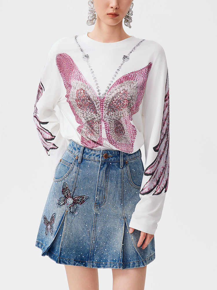 TCH Pink Rhinestone Butterfly Wing Sleeve Top