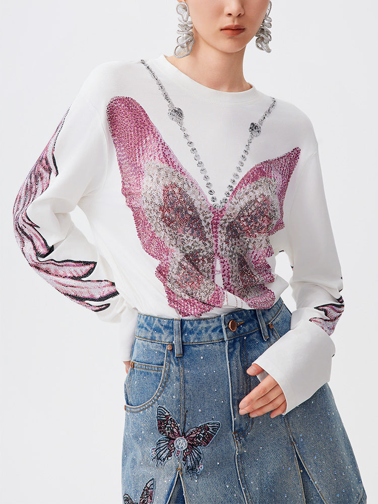 TCH Pink Rhinestone Butterfly Wing Sleeve Top