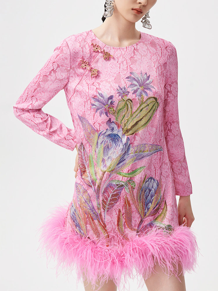 TCH Rhinestone Jacquard Floral Feather Trim Mini Dress
