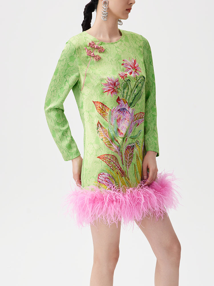 TCH Rhinestone Jacquard Floral Feather Trim Mini Dress