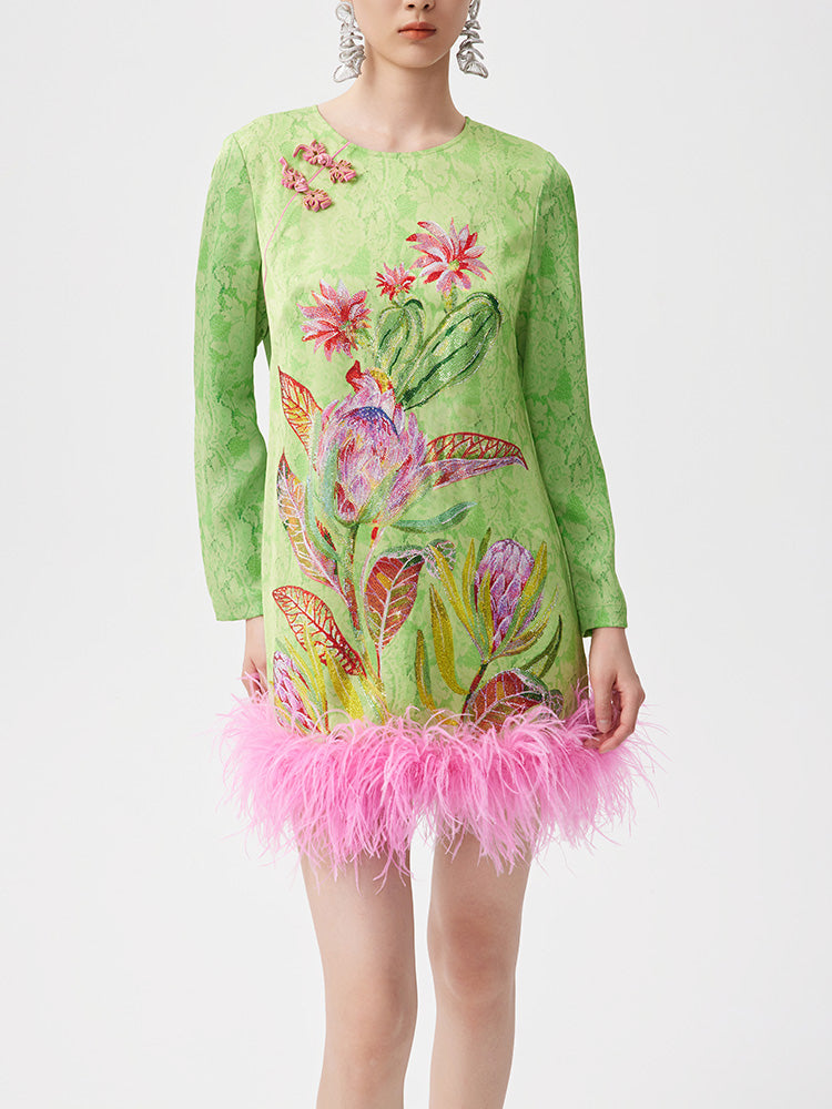 TCH Rhinestone Jacquard Floral Feather Trim Mini Dress