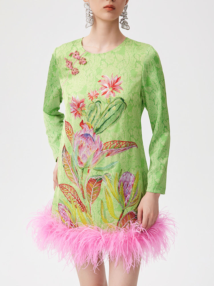 TCH Rhinestone Jacquard Floral Feather Trim Mini Dress