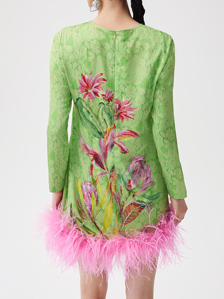 TCH Rhinestone Jacquard Floral Feather Trim Mini Dress