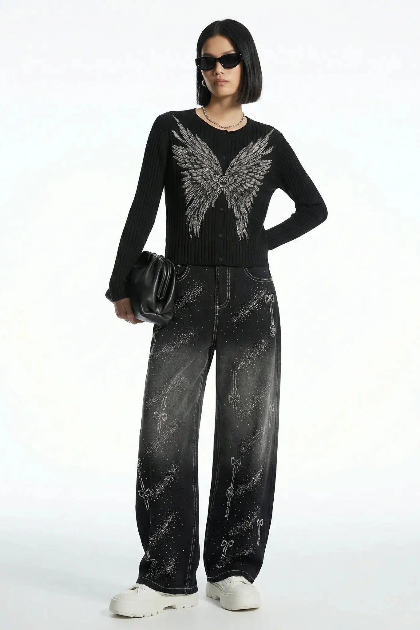TCH Celestial Rhinestone Wide-Leg Black Jeans: Where Celestial Sparkle Meets Modern Streetwear