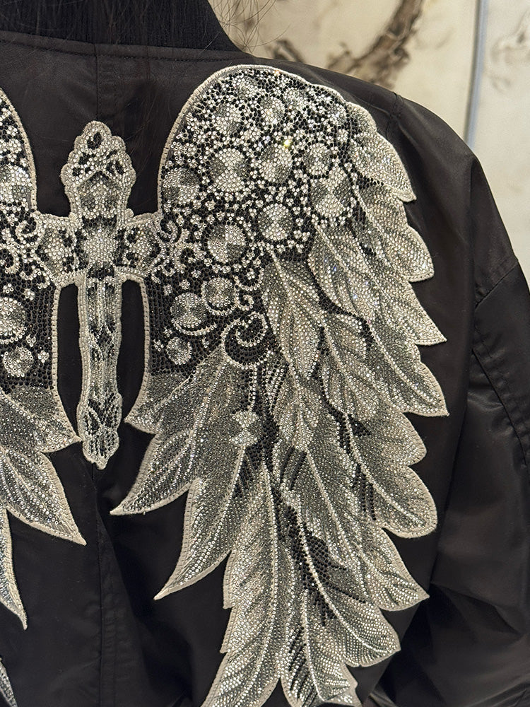 TCH Luxe Rhinestone Winged Bomber Jacket: When Satin Moves with Light, Wings Define Luxury