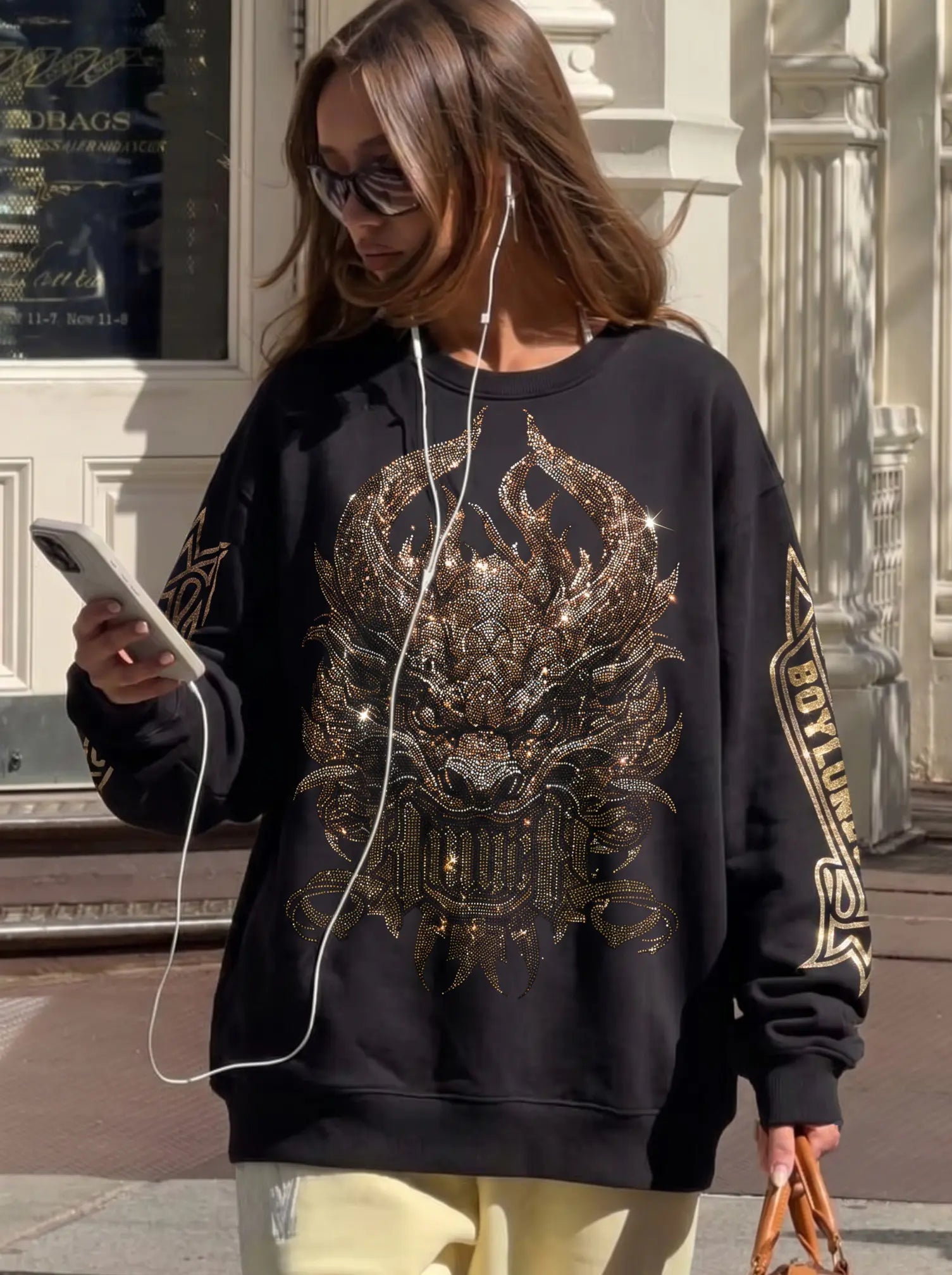 TCH Luxury Gold Dragon Rhinestone Graphic Black Sweatshirt: Where the Majesty of the Golden Dragon Meets Modern Street Luxury