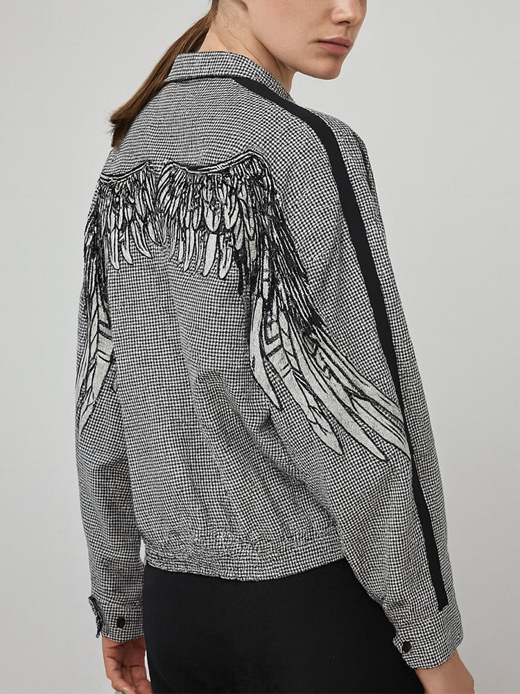 TCH Plaid Rhinestone Wings Sleeve Jacket: When Classic Plaid Meets Sparkling Wings, Elegance Learns to Rebel