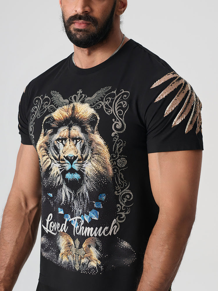 TCH Rhinestone Lion Fashion Tee with Wings: When Power Wraps Around You in 360° Light