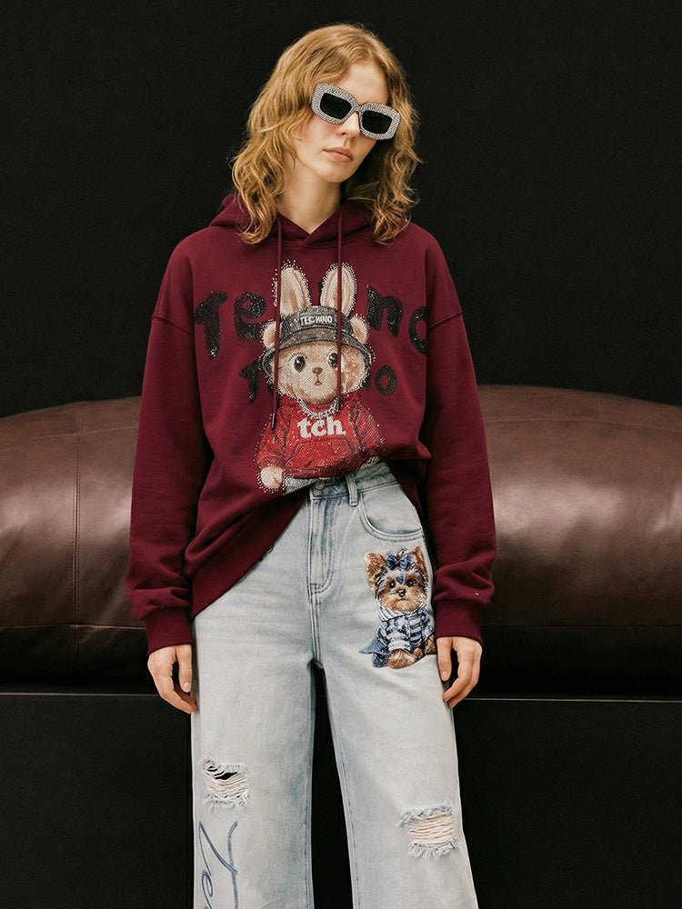 TCH Rhinestone Oversized Graphic Y2K Hoodies: When Burgundy Meets Jeweled Horses, the Streets Gain Poetic Power