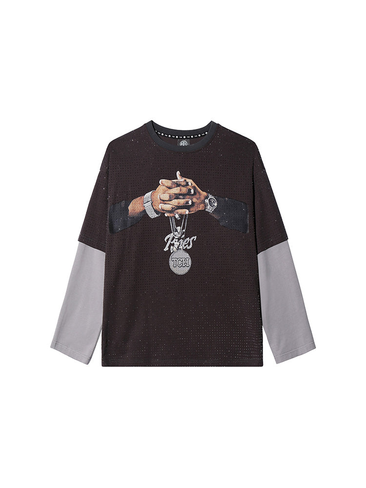 TCH Rhinestone Layered Printed Cotton T-shirt