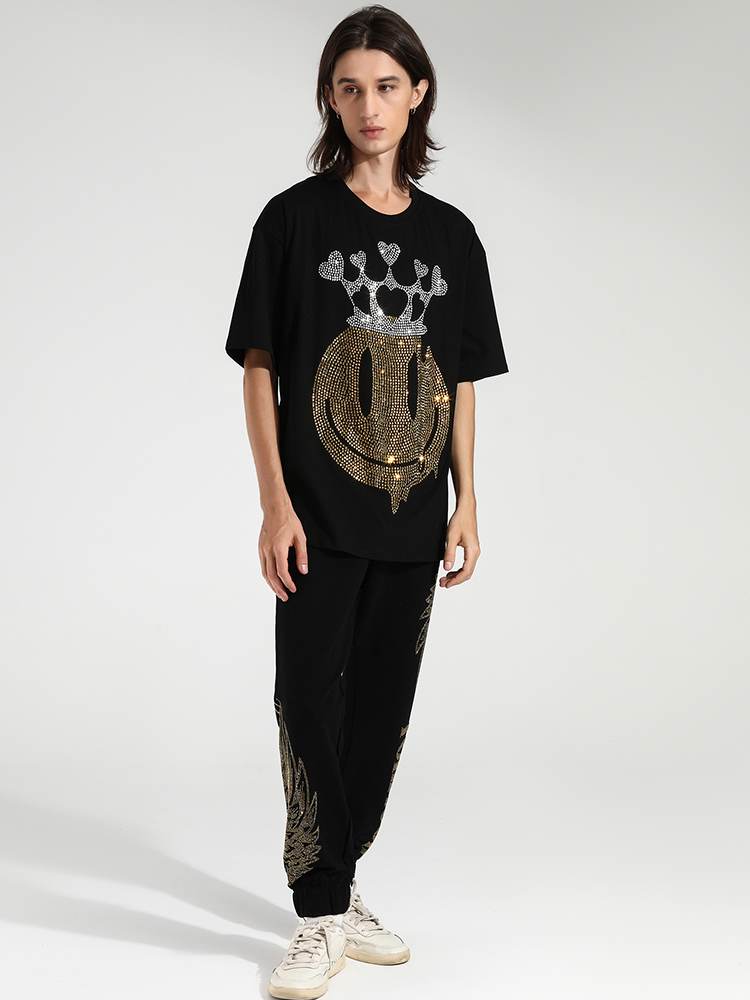 TCH Mens Smile Crown Rhinestone Short Sleeve T-Shirt