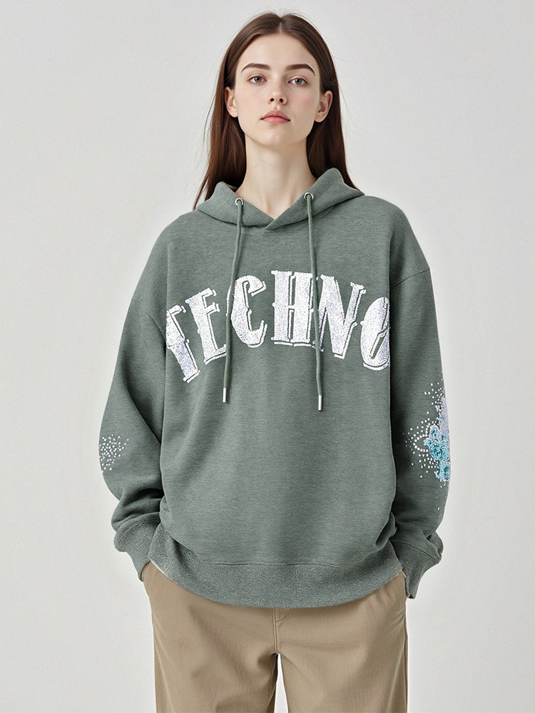 TCH Rhinestone Letter Graphic Hooded Sweatshirt