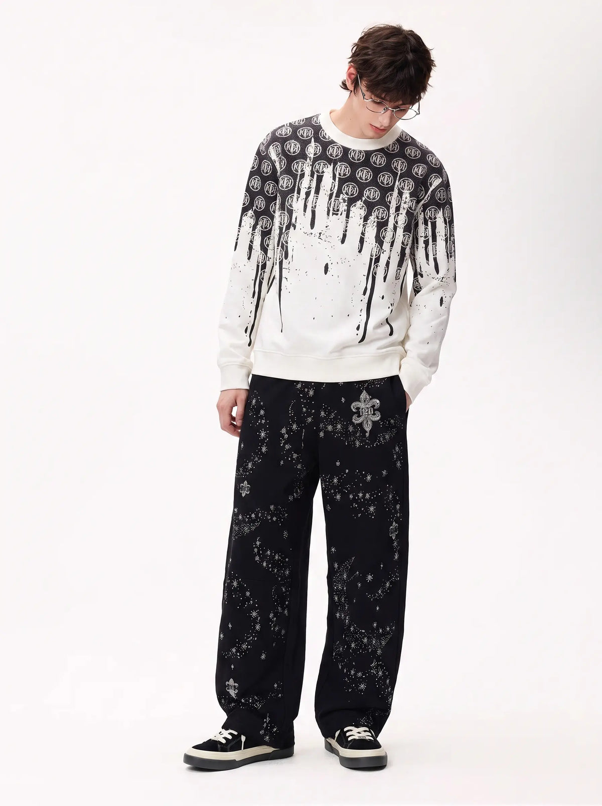 TCH Rhinestone Fleur-de-Lis Starburst Wide-Leg Sweatpants