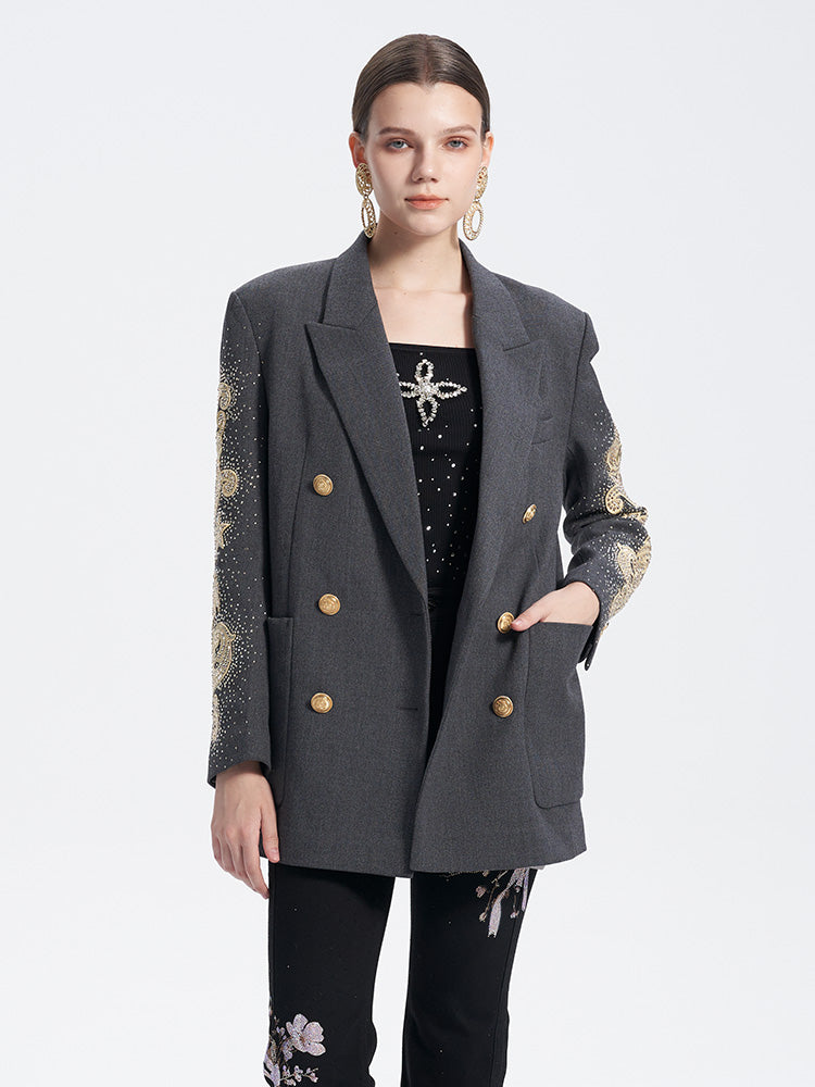 TCH Rhinestone Double Breasted Sparkling Graphic Blazer