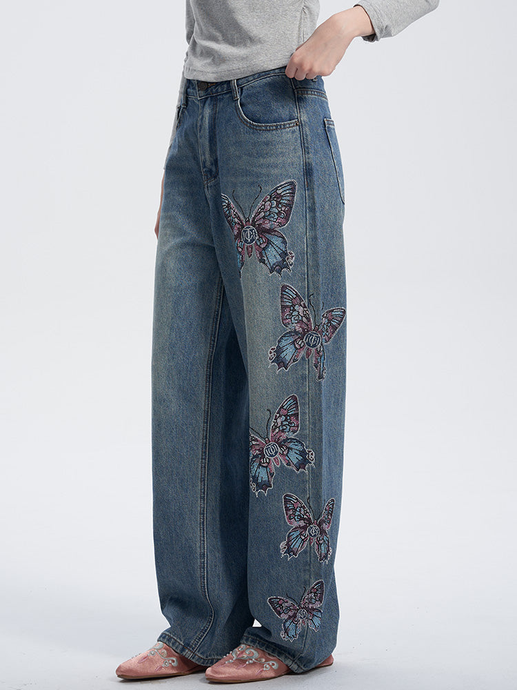 TCH Crystal Embroidered Butterfly Wide Leg Jeans
