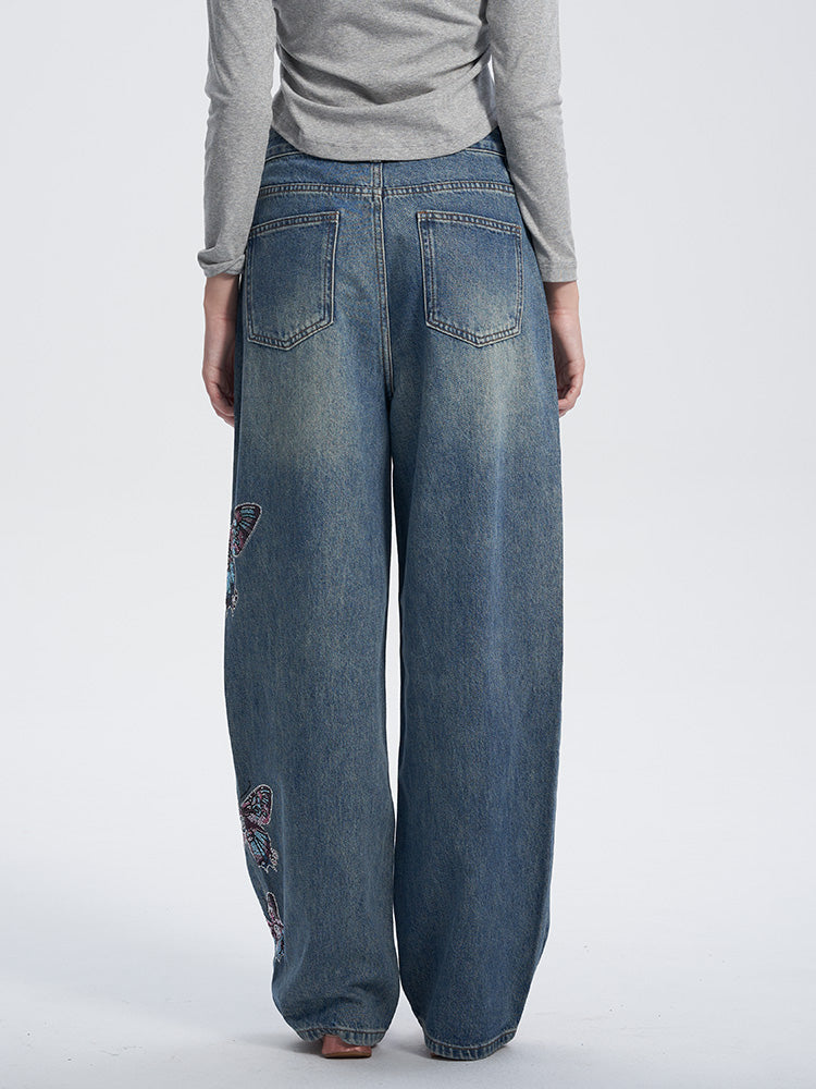 TCH Crystal Embroidered Butterfly Wide Leg Jeans