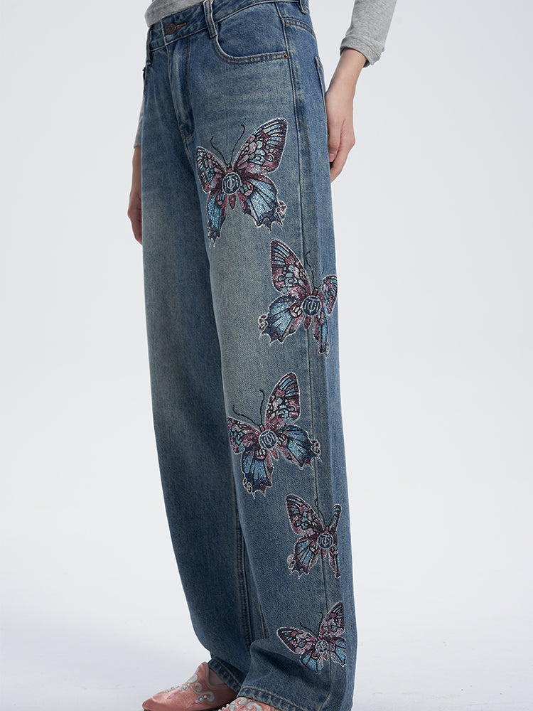 TCH Crystal Embroidered Butterfly Wide Leg Jeans