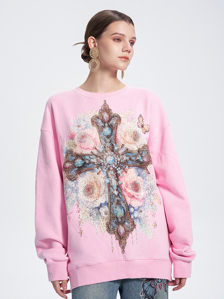 TCH Cross Graphic Rhinestone Wings Sweatshirt