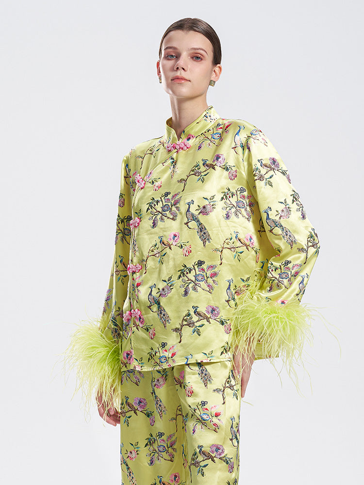 TCH Rhinestone Floral Feather Trim Retro Top
