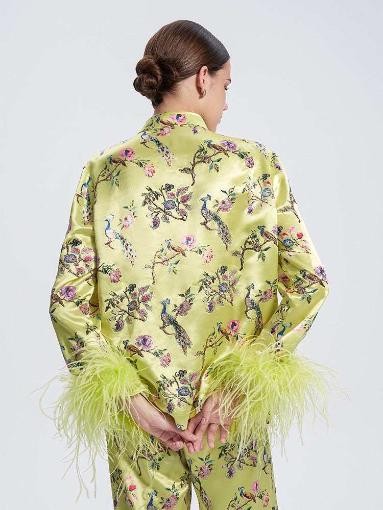 TCH Rhinestone Floral Feather Trim Retro Top