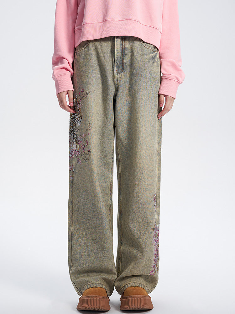 TCH Leopard Print Rhinestone Wide Leg Jeans with Pockets