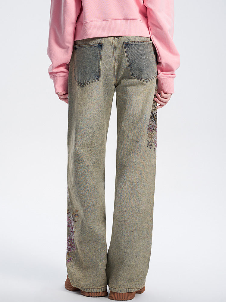 TCH Leopard Print Rhinestone Wide Leg Jeans with Pockets