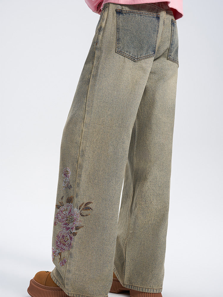 TCH Leopard Print Rhinestone Wide Leg Jeans with Pockets