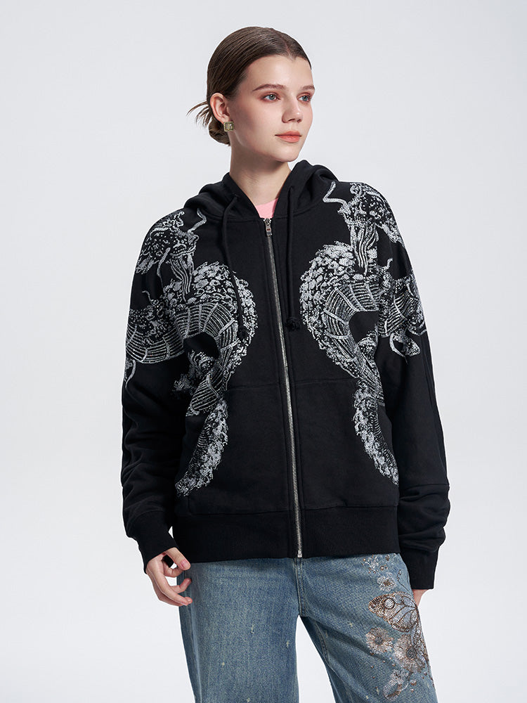 TCH Unisex Rhinestone Dragon Graphic Fleece Hoodie